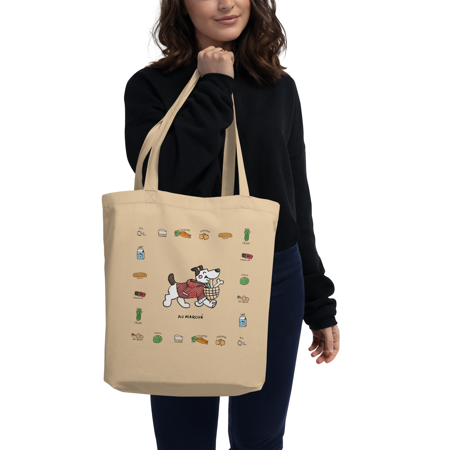 Au Marché - Eco ToteTake this cute pup with you on your way to the marché! This tote is 16″ × 14 ½″ × 5″ (40.6 cm × 35.6 cm × 12.7 cm) and made of organic cotton. On y va! 
cosmicindCosmic Industries