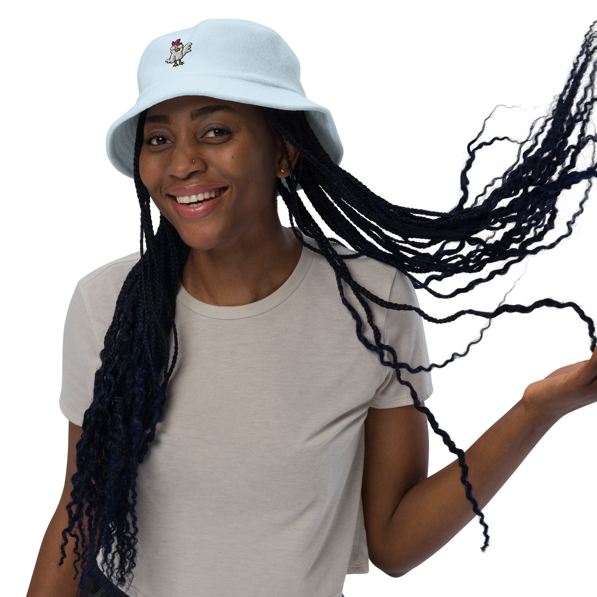 Terry Cloth Bucket Hat - ChickenBeat the heat and keep your cool with the coolest chicken in the galaxy on this soft terry cloth bucket hat. Comes in several different colors to suit your moods andCosmic IndustriesCosmic Industries