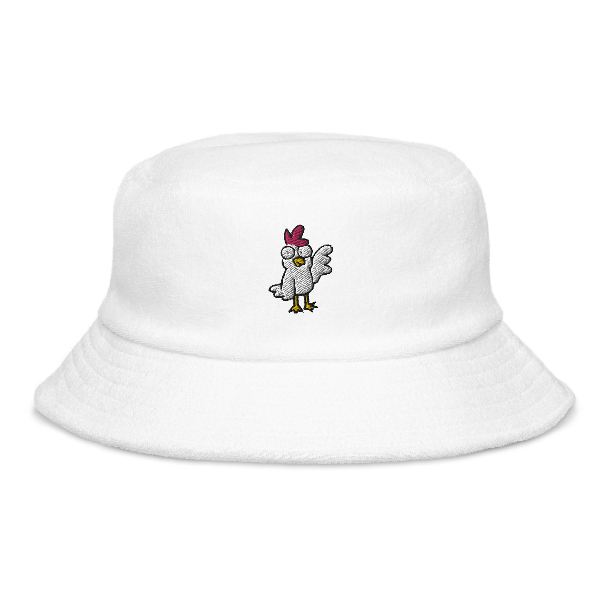 Terry Cloth Bucket Hat - ChickenBeat the heat and keep your cool with the coolest chicken in the galaxy on this soft terry cloth bucket hat. Comes in several different colors to suit your moods andCosmic IndustriesCosmic Industries