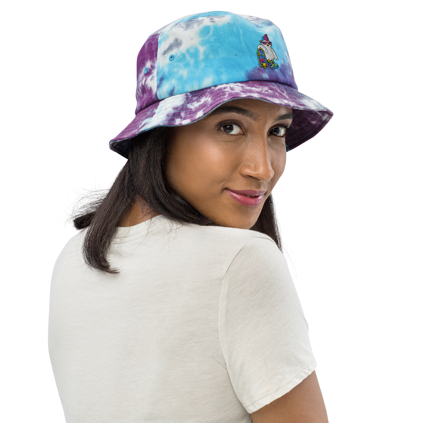 Cosmic ColorBlast - Bucket HatOur friend Bock, the chicken, has a new line of sports wear ready to blast you with color this season!! This bucket hat is tie dyed and embroidered with Bock and hiscosmicindCosmic Industries