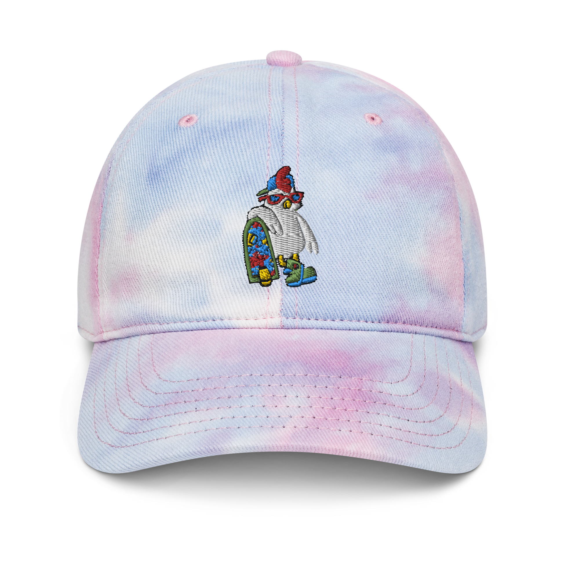 Cosmic Tie Dye Baseball HatBring some funky fun to your vibe with this cosmic tie dye baseball hat. The coolest hoverboarder in the verse is embroidered on the front along with the Cosmic logoCosmic IndustriesCosmic Industries