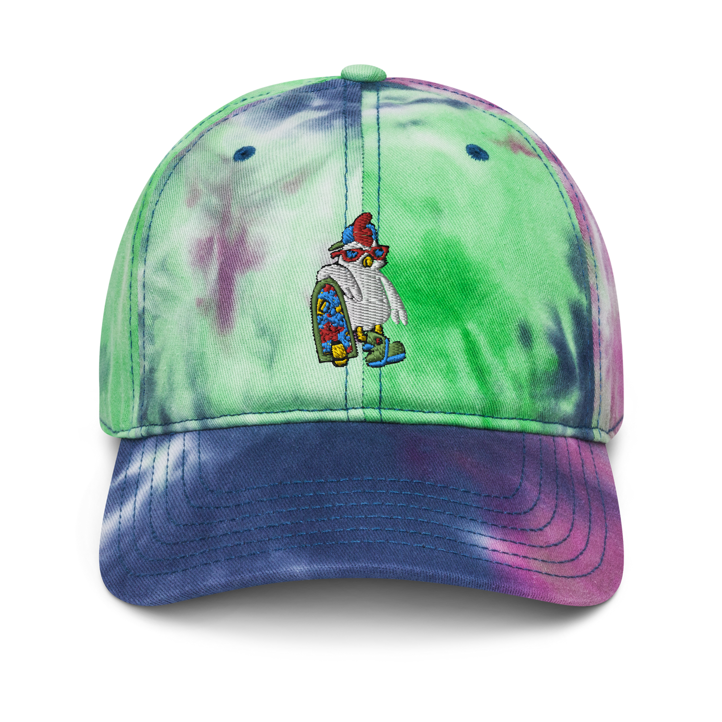 Cosmic Tie Dye Baseball HatBring some funky fun to your vibe with this cosmic tie dye baseball hat. The coolest hoverboarder in the verse is embroidered on the front along with the Cosmic logoCosmic IndustriesCosmic Industries